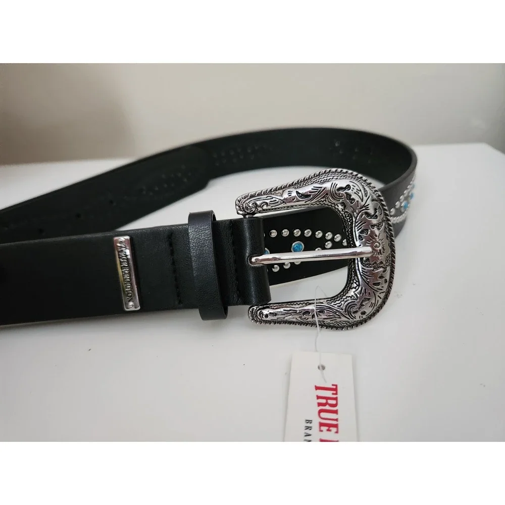 TRUE RELIGION Women Stone Embellished Southwestern Faux Leather Black‎ Belt L/XL